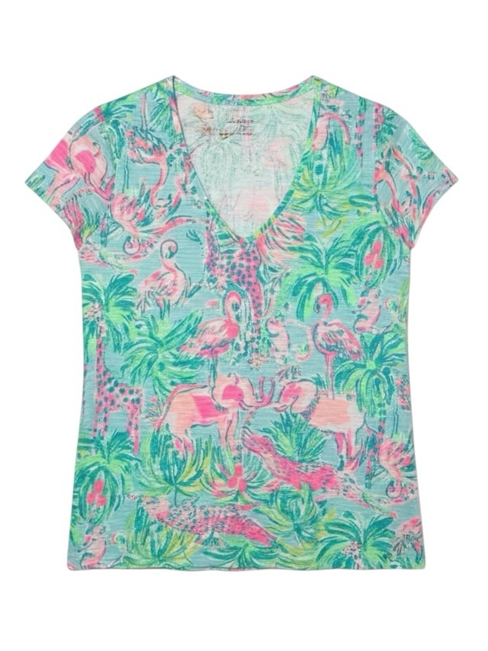 Lilly Pulitzer‎ Etta V-neck Top Seasalt Blue On Parade Cotton Animal Print XS